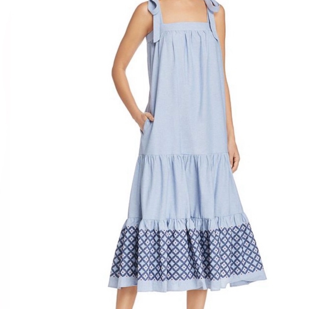 Rebecca Minkoff Light Blue Midi Dress with Patterned Hem Lucy Dress - Picture 2 of 5